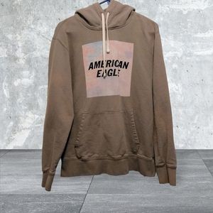 American Eagle Size M Heavy Gray/Beige Hoodie W/Pink and Blue Imprint on Front